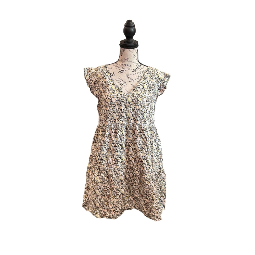 Goodthreads Womens Floral‎ Linen Cotton Blend Tiered V-Neck Mini Dress Cream M